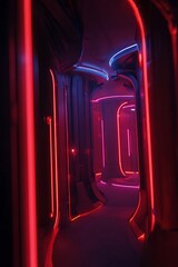 Neon lights illuminate a futuristic hallway.