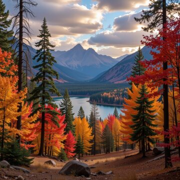 Autumn Mountain Lake Scene with Colorful Foliage