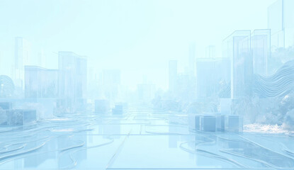 3d light blue background with row of glass transparent square plates. Abstract curve wave line pattern. Crystal array of geometric block shapes render. Futuristic design digital tech