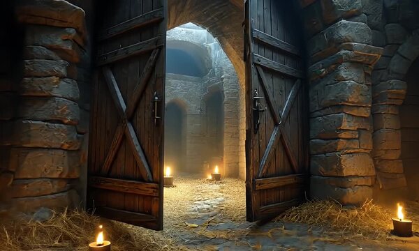 Open Wooden Doorway Illuminated by Candles within Ancient Stone Structure Showing Interior Details and Warm Atmospheric Lighting