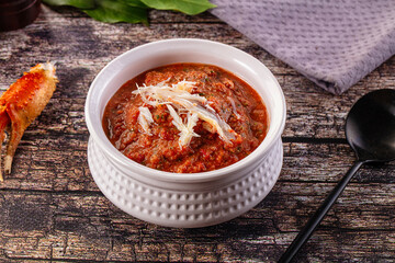 Tomato gazpacho soup with crab