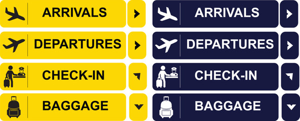 Obraz premium Airport Sign Icons for Arrivals Departures Check-in and Baggage