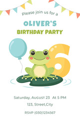 Birthday party invitation card with cute frog. Birthday party vector template	
