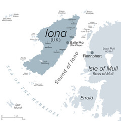 Iona, island of Scotland, gray political map. Island in the Hebrides, off Ross of Mull. Known for Iona Abbey, center of Gaelic monasticism for centuries, birthplace of Celtic Christianity in Scotland.