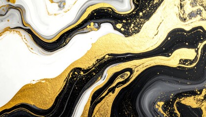 Obraz premium Captivating abstract fluid art background blending luxurious gold, black, and white marble textures to create an elegant and modern visual design
