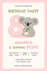 Birthday party invitation card with cute koala. Birthday party vector template