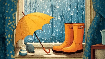 Happy Rainy Day card boots umbrella raindrops falling on window cozy interior no people