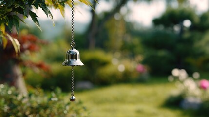 detailed shot of  silver bell hanging from  tree branch in  garden with soft blurred green foliage and pink flowers in  background