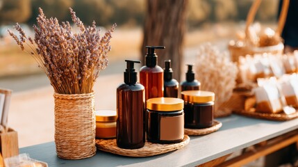 A serene outdoor market display featuring natural skincare products in elegant amber bottles, with lavender