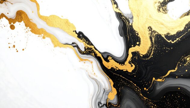 Abstract luxury background featuring a dynamic flow of black and white liquid marble with elegant gold veins and glitter accents - Powered by Adobe