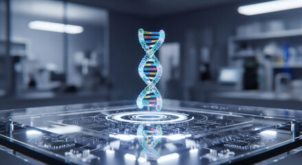 A glowing, holographic DNA double helix structure floats above a futuristic, illuminated circuit board in a modern laboratory setting, symbolizing genetic re...