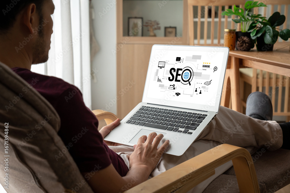 Poster seo search engine optimization for modish e-commerce and online retail business showing on computer 