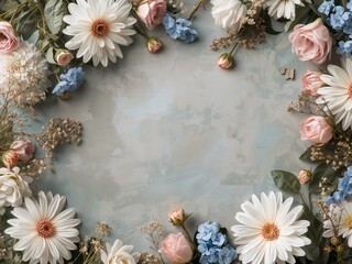 Floral Arrangement with Daisies, Roses, and Delphiniums on a Textured Surface.