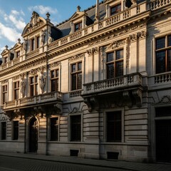 Fototapeta premium Photorealistic image of classic European architecture with stone facades, detailed textures, and natural daylight.