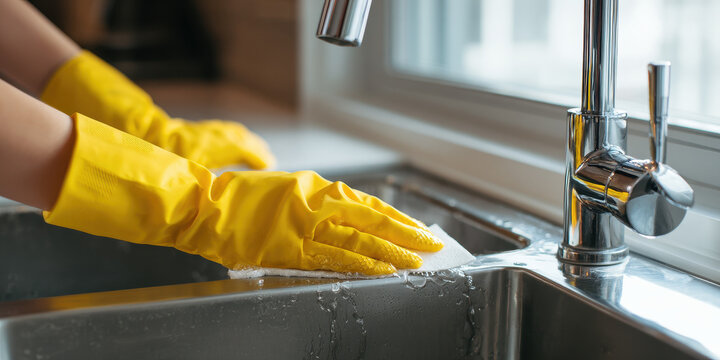 Person in yellow rubber gloves cleaning a modern kitchen sink and faucet. - Powered by Adobe