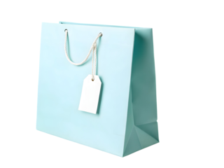 Light blue paper shopping bag with white tag isolated on a transparent background image
