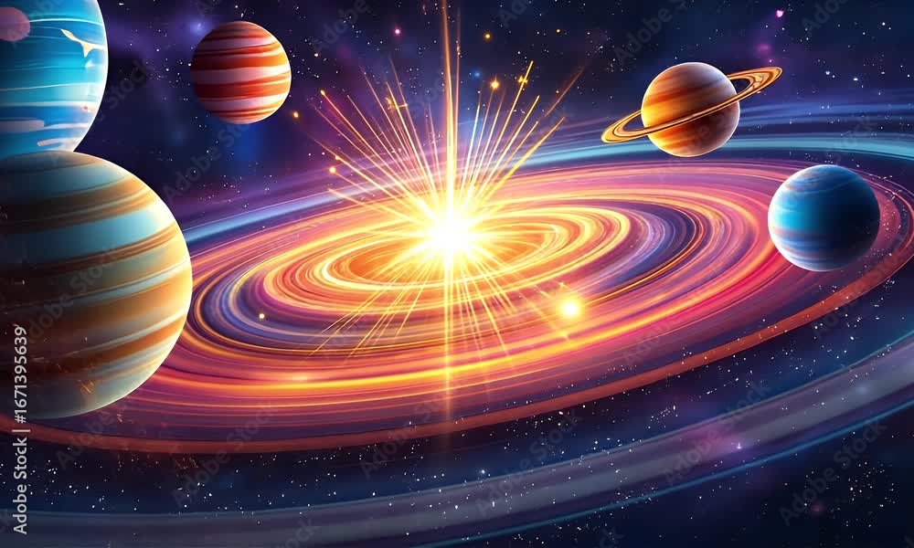 Poster pixelated galactic display featuring planets and a dynamic energy explosion in a vibrant universe