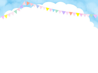 ガーランドのある青空と白い雲の水彩イラスト背景