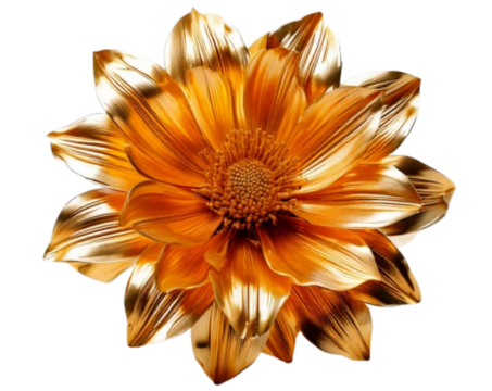 Glossy Golden Flower Sculpture with Detailed Petals Isolated on White