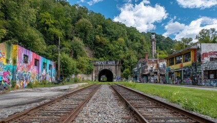 Graffiti-covered train tunnel, mountain backdrop, urban decay, railway tracks