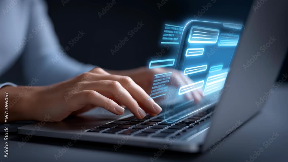 Poster ai accounting automation technology with digital communication typing laptop keyboard enhancing busi
