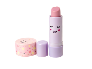 Pastel lavender lip balm with cute smiling face and heart details isolated on a transparent background