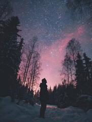 Fototapeta premium Stargazer Enjoying the Breathtaking Beauty of a Starry Night in a Snowy Forest During Twilight Hours