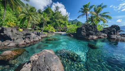 Tropical Lagoon Pool, Volcanic Rocks, Palm Trees, Island Paradise, Relaxation