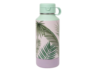 Pastel mint green water bottle with tropical leaf pattern isolated on a transparent background image