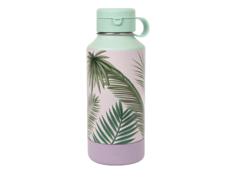 Pastel mint green water bottle with tropical leaf pattern isolated on a transparent background image