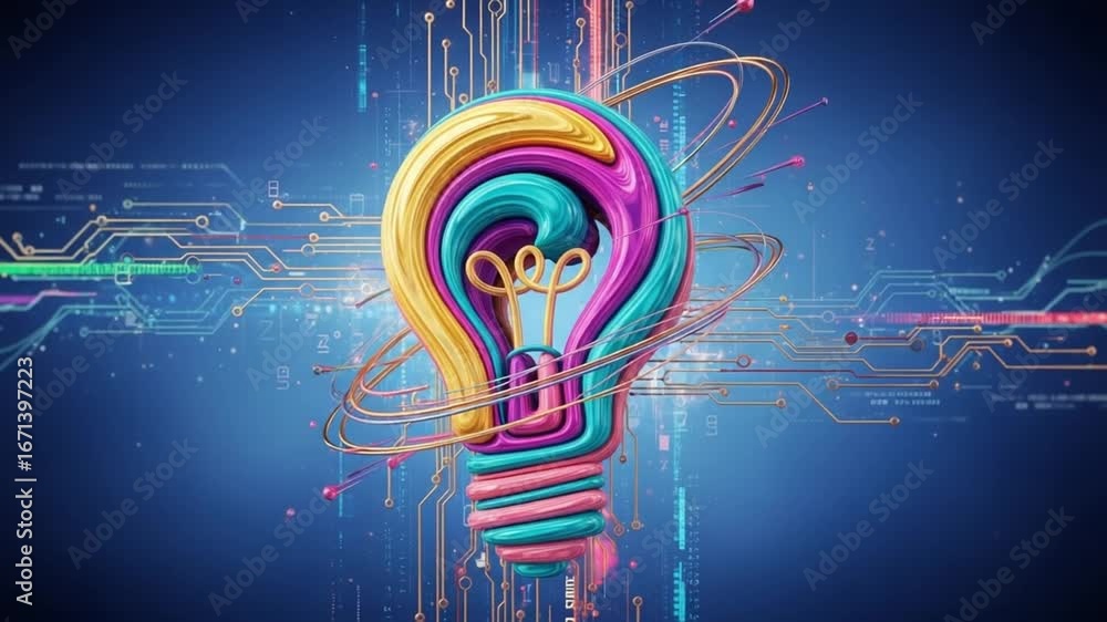 Aufkleber colorful lightbulb with circuit board background and orbiting wires in a digital art style
