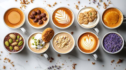 Gourmet crumbled cookies with complementary drinks, elegant cafe presentation featuring pistachio and chocolate varieties