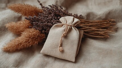 Fototapeta premium Rustic beige drawstring bag with dried flowers