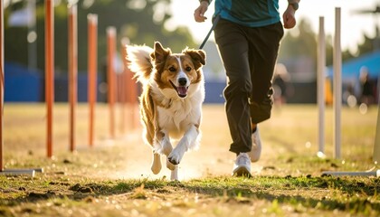 Joyful Border Collie Mix Dog Running Through Agility Course with Owner on Sunny Day