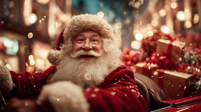 Cheerful Santa Claus with Gifts in a Festive Winter Wonderland