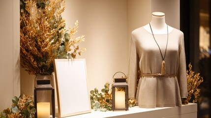 Elegant display of a neutral-toned outfit on a mannequin with decorative lanterns and foliage backdrop