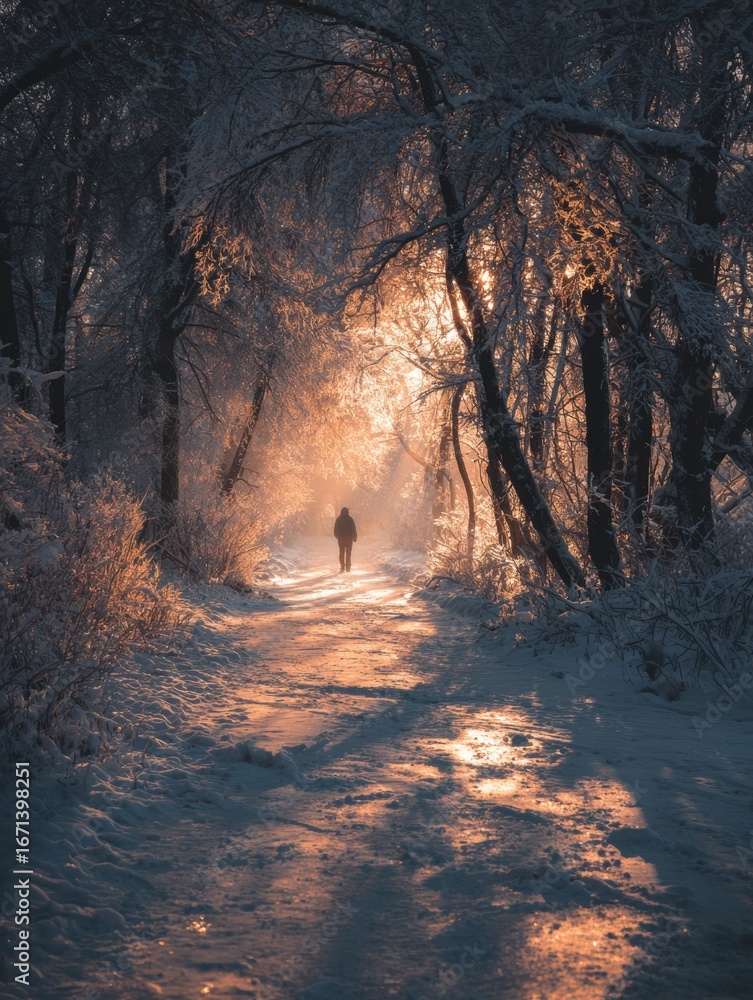 Poster walking through a serene winter forest at dusk with soft light filtering through the trees and snow 