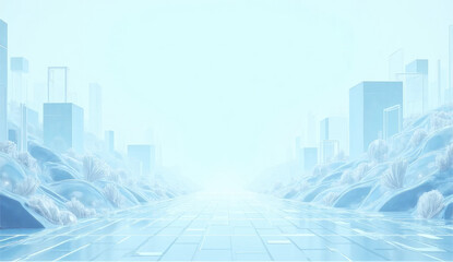 3d light blue background with row of glass transparent square plates. Abstract curve wave line pattern. Crystal array of geometric block shapes render. Futuristic design digital tech