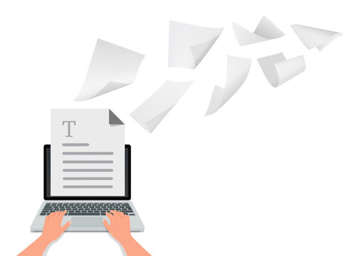 Writer writing on computer paper sheet vector illustration