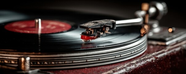 Close-up view of a vinyl record being played on a vintage turntable