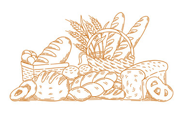 Various types of bread and bakery products in a rustic setting with wheat in a basket