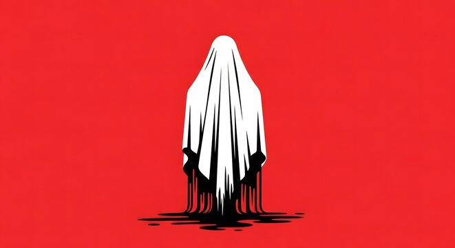 A minimalist illustration of a ghostly figure covered in a white sheet, with black liquid dripping or melting from it onto the floor against a stark red background
