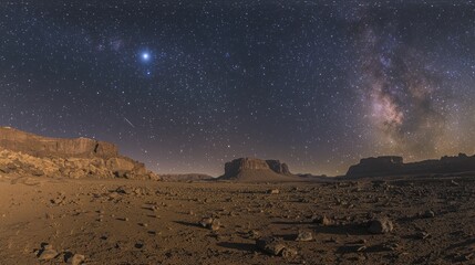 Starry night sky over a rocky desert landscape.