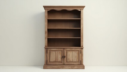 An empty wooden bookcase, with four shelves and two lower cabinets, stands against a plain light beige wall.