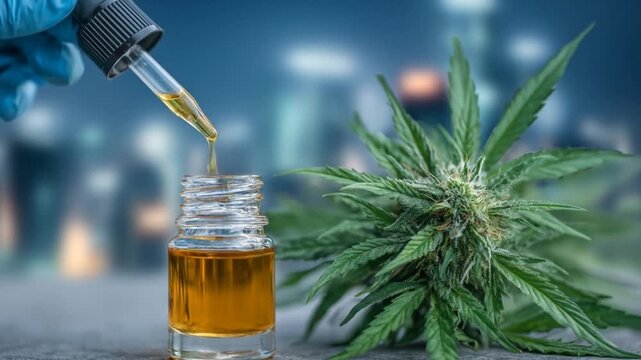 CBD Oil Research Dropper with liquid with cannabis bud, and and bottle against lab background.