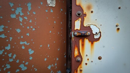 A close-up view of a weathered metal surface, showcasing layers of rust and peeling paint, with a contrasting color scheme of rusty orange and light gray.