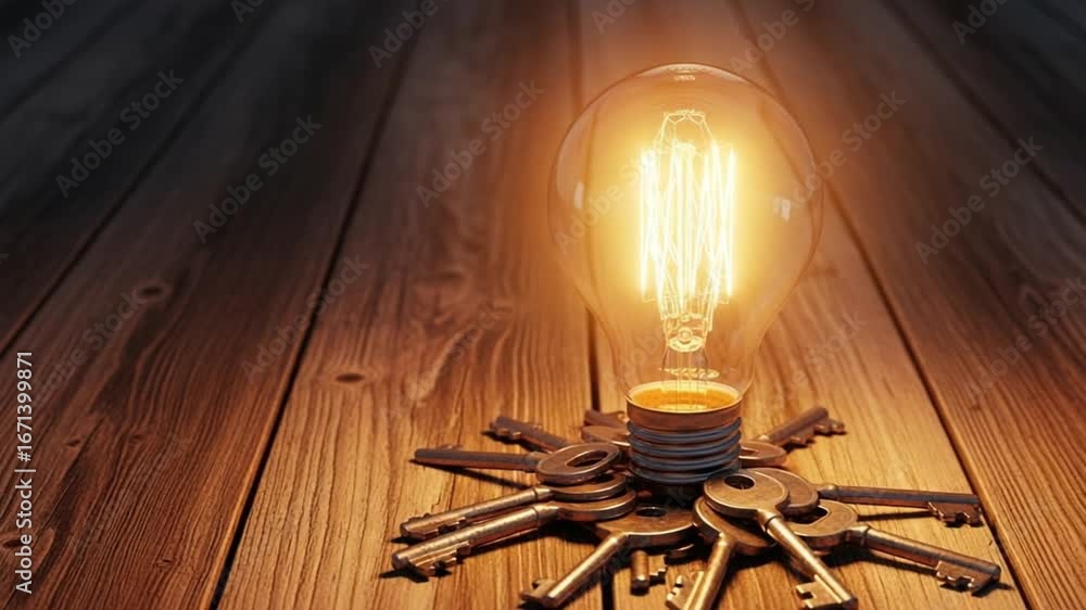 Poster illuminated lightbulb surrounded by keys on a wooden surface creating a bright and warm atmosphere