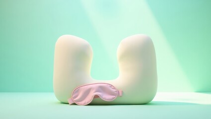 A light beige travel neck pillow and a delicate pink eye mask rest on a mint green surface, bathed in soft sunlight.