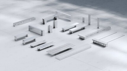 Various metallic structural components arranged on a light gray surface in a spacious workshop environment