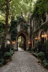 Fototapeta premium Stone archway, garden path, ancient charm